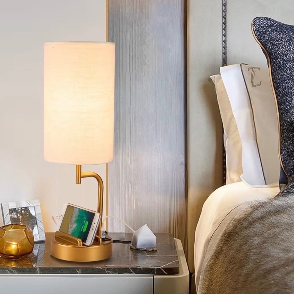 Touch Control Table Lamp Gold Base Linen Shade 3‑Way Dimmable USB C/A + AC